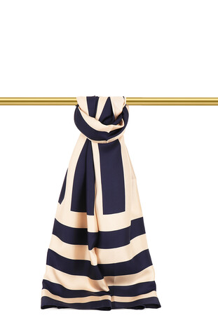 Navy Blue Stripe Pattern Twill Silk Scarf 