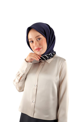 Navy Blue Stripe Pattern Twill Silk Square Scarf 