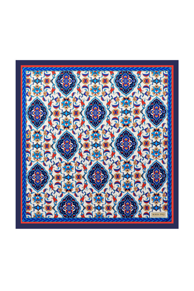Navy Blue Tile Pattern Silky Pocket Square - Bursa İpek