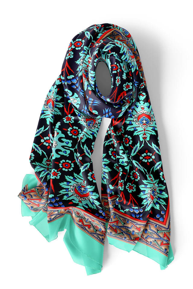 Navy Blue Tile Tulip Pattern Narrow Silk Foulard - 3