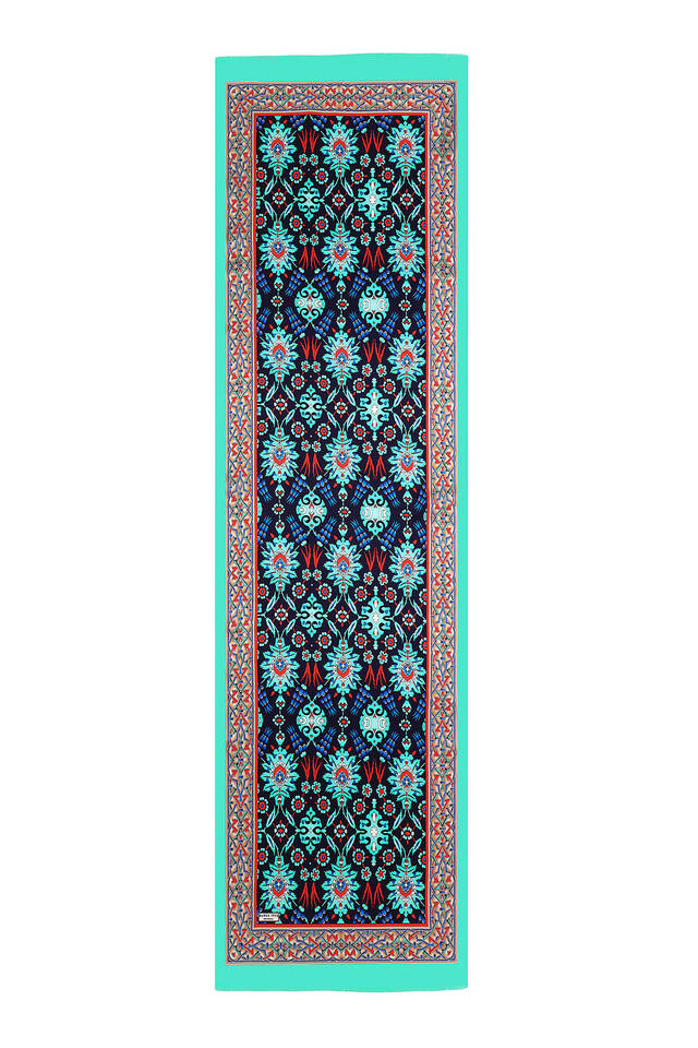 Navy Blue Tile Tulip Pattern Narrow Silk Foulard - 4