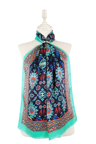 Navy Blue Tile Tulip Pattern Narrow Silk Foulard 