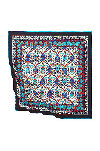 Navy Blue Tile Tulip Pattern Silky Square Scarf 