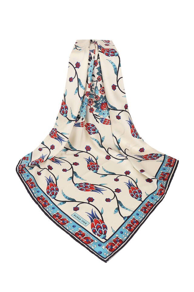 Navy Blue Tulip Pattern Silk Square Scarf - 3