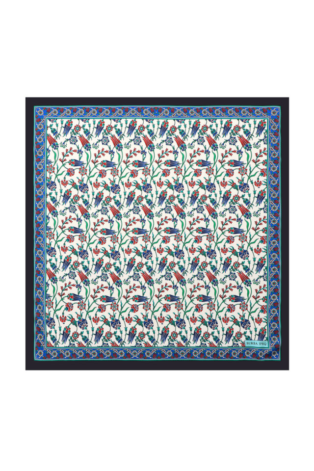 Navy Blue Tulip Pattern Silky Pocket Square - Bursa İpek