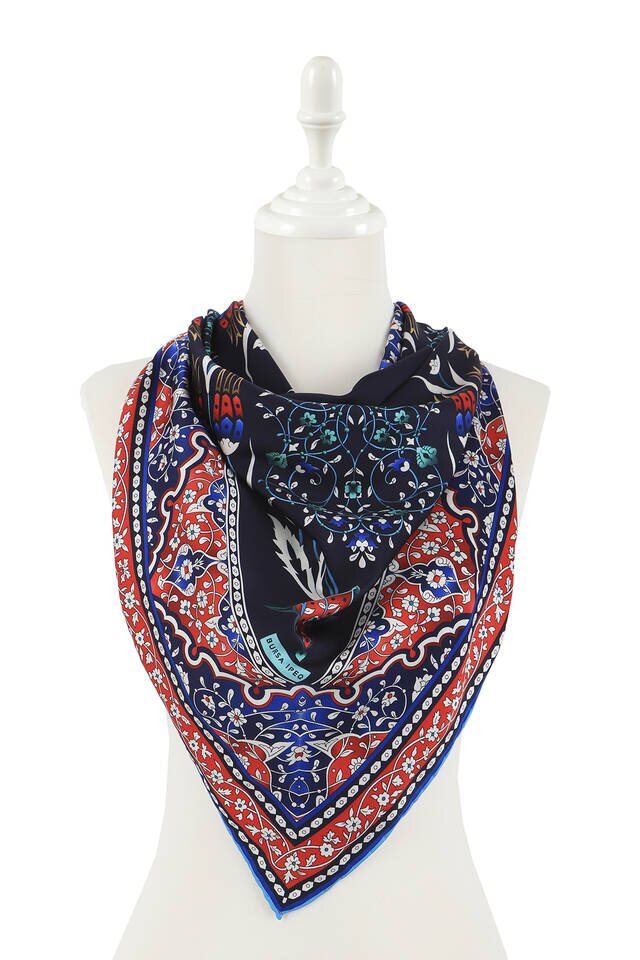 Navy Blue Turkish Motif Candlestick Tulip Pattern Silky Square Scarf - 2