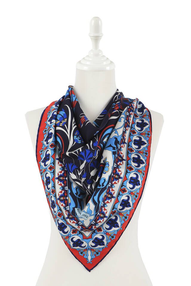 Navy Blue Turkish Pattern Cintemani Carnation Pattern Silky Square Scarf - 2