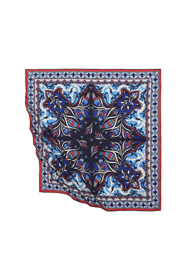 Navy Blue Turkish Pattern Cintemani Carnation Pattern Silky Square Scarf - Bursa İpek
