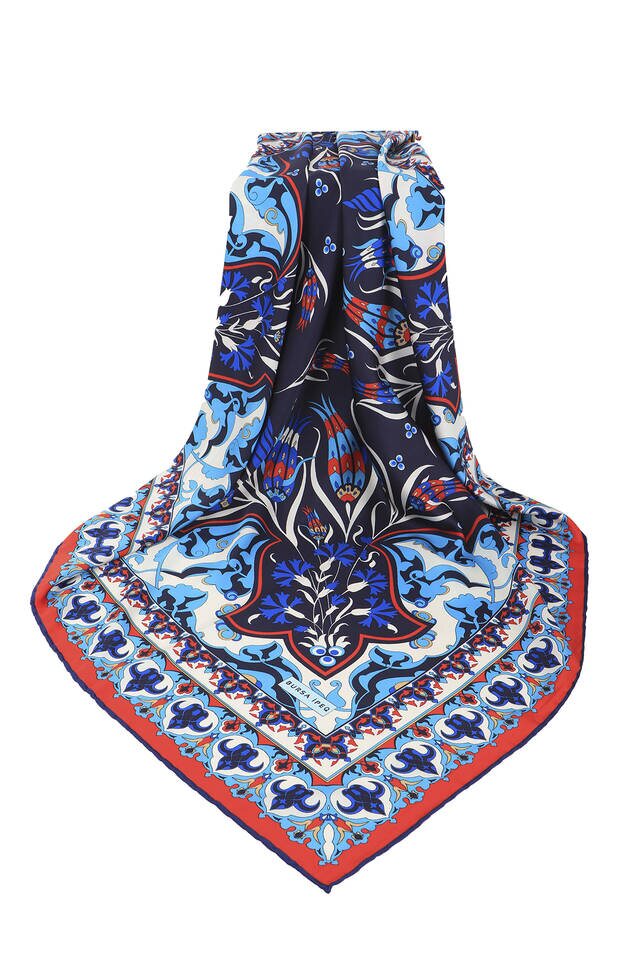 Navy Blue Turkish Pattern Cintemani Carnation Pattern Silky Square Scarf - 3