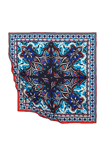 Navy Blue Turkish Pattern Cintemani Carnation Pattern Silky Square Scarf 