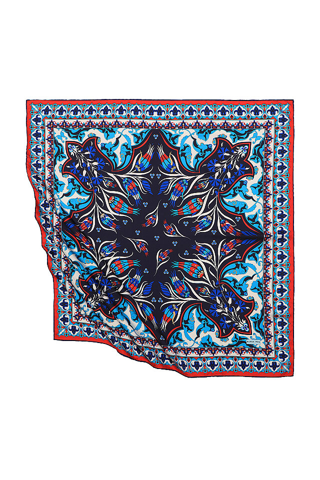 Navy Blue Turkish Pattern Cintemani Carnation Pattern Silky Square Scarf - Bursa İpek
