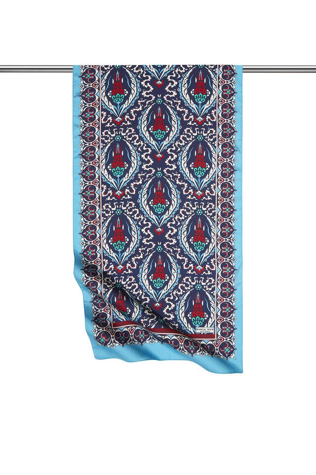 Navy Blue Turquoise Carnation Pattern Narrow Silky Foulard 