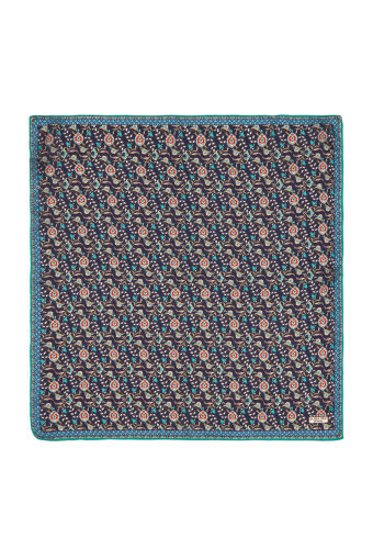 Navy Blue Turquoise Ivy Tulip Pattern Silk Pocket Square 