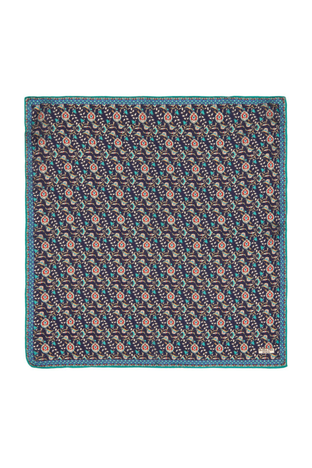 Navy Blue Turquoise Ivy Tulip Pattern Silk Pocket Square 