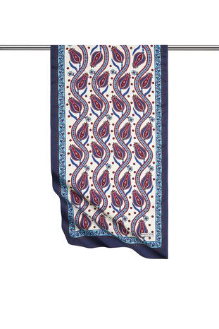 Navy Blue Turquoise Row Tulip Pattern Narrow Silky Foulard 