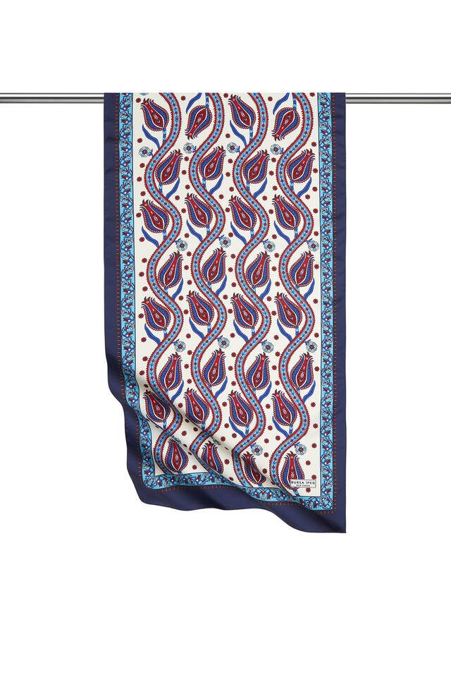 Navy Blue Turquoise Row Tulip Pattern Narrow Silky Foulard 