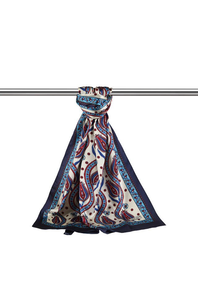 Navy Blue Turquoise Row Tulip Pattern Narrow Silky Foulard - 3