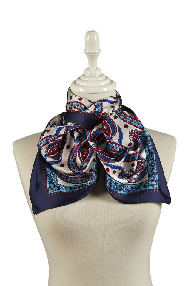 Navy Blue Turquoise Row Tulip Pattern Narrow Silky Foulard - 2