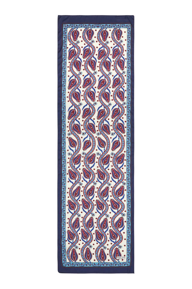 Navy Blue Turquoise Row Tulip Pattern Narrow Silky Foulard - 4