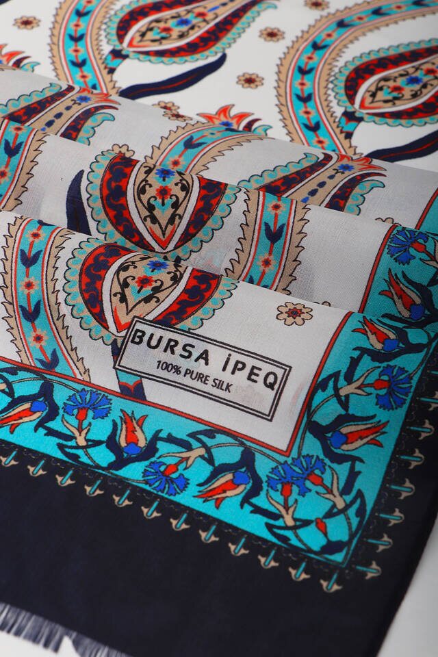 Navy Blue Turquoise Row Tulip Voile Silk Foulard - 3