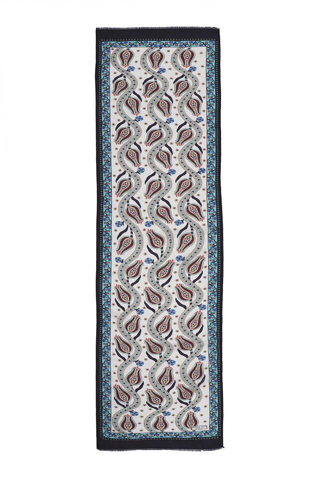 Navy Blue Turquoise Row Tulip Voile Silk Foulard - 4