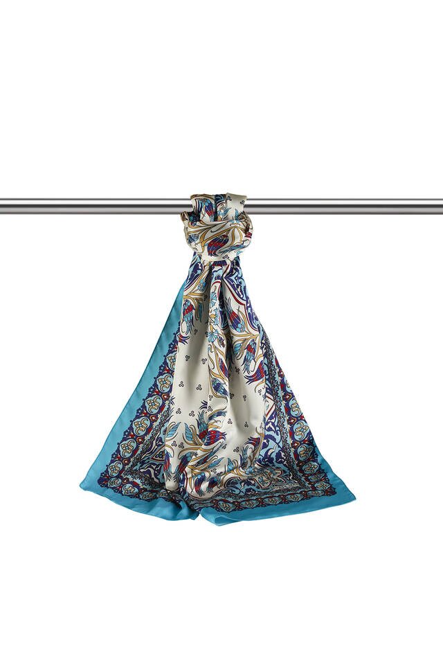 Navy Blue Turquoise Tile Tulip Pattern Narrow Silky Foulard - 3