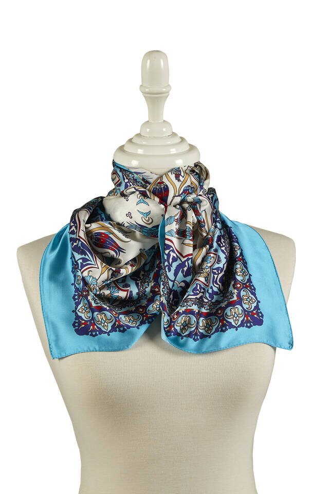 Navy Blue Turquoise Tile Tulip Pattern Narrow Silky Foulard - 2