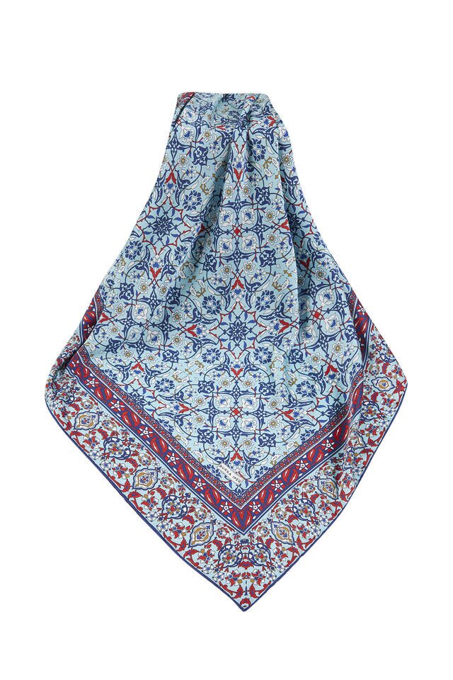 Navy Blue Turquoise Turkish Patterned Tile Pattern Silk Square Scarf - 3