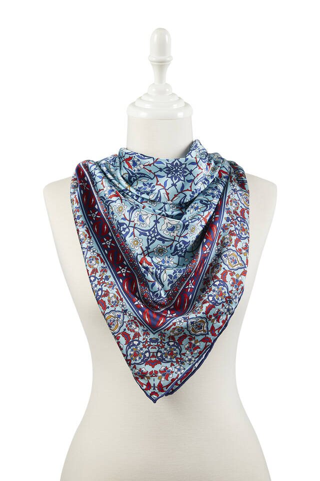 Navy Blue Turquoise Turkish Patterned Tile Pattern Silk Square Scarf - 2