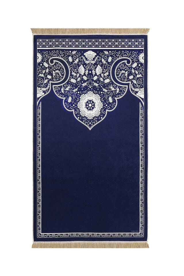 Navy Blue Velvet Carpet Prayer Rug - 1