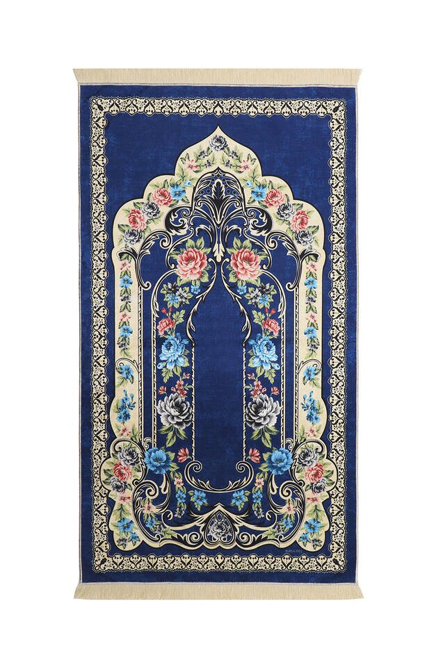 Navy Blue Velvet Carpet Prayer Rug - Bursa İpek