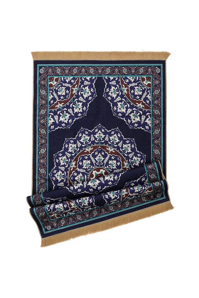 Navy Blue Velvet Carpet Prayer Rug - 4