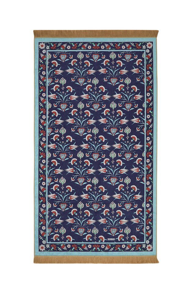 Navy Blue Velvet Carpet Prayer Rug - Bursa İpek