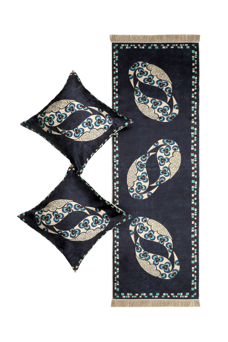 Navy Blue Velvet Runner Set - Bursa İpek