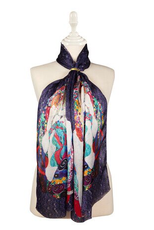 Navy Blue Young Girls Silk Painting Foulard 