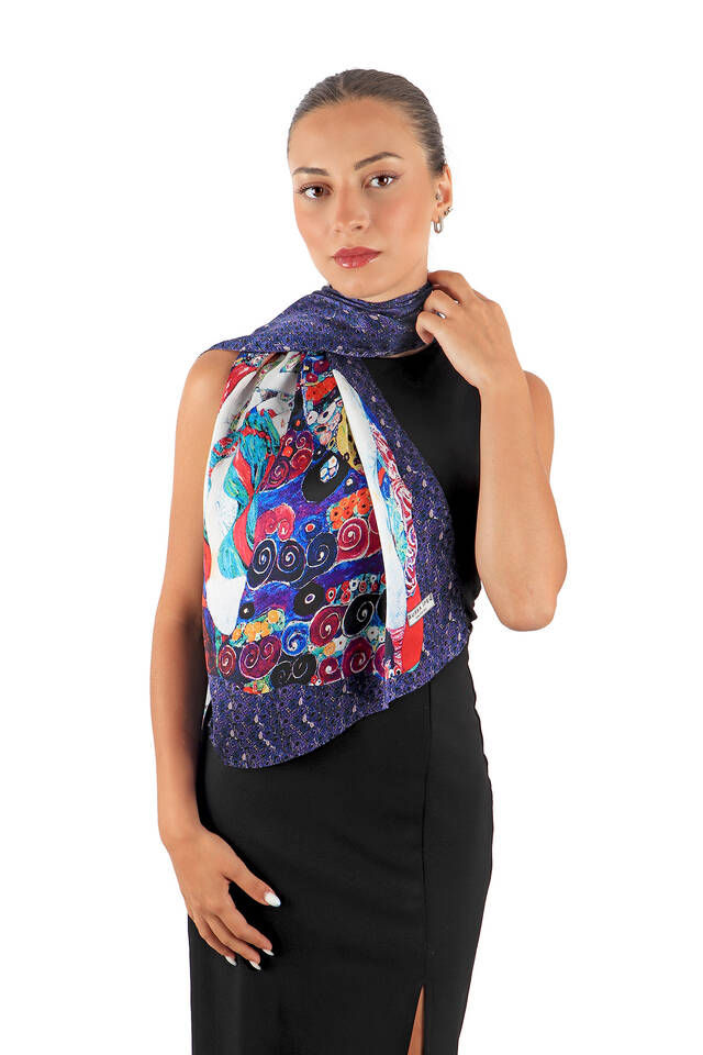 Navy Blue Young Girls Silk Painting Foulard - 2