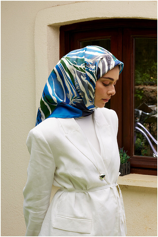 Mavi Neva Desen Twill İpek Eşarp - Bursa İpek