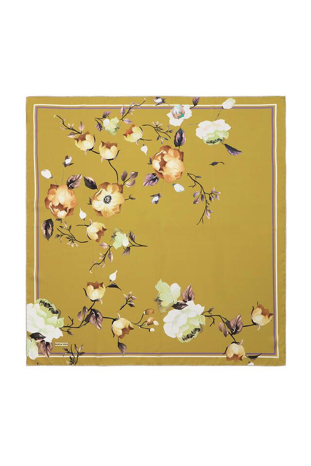 Oil Green Floral Twill Silk Square Scarf - 2