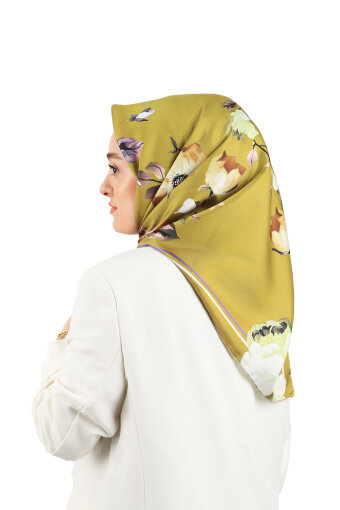 Oil Green Floral Twill Silk Square Scarf 