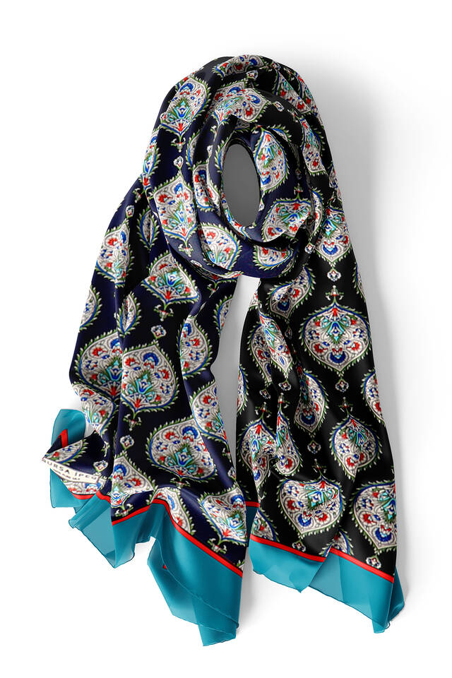 Oil Green Hatai Pattern Silk Foulard - 3