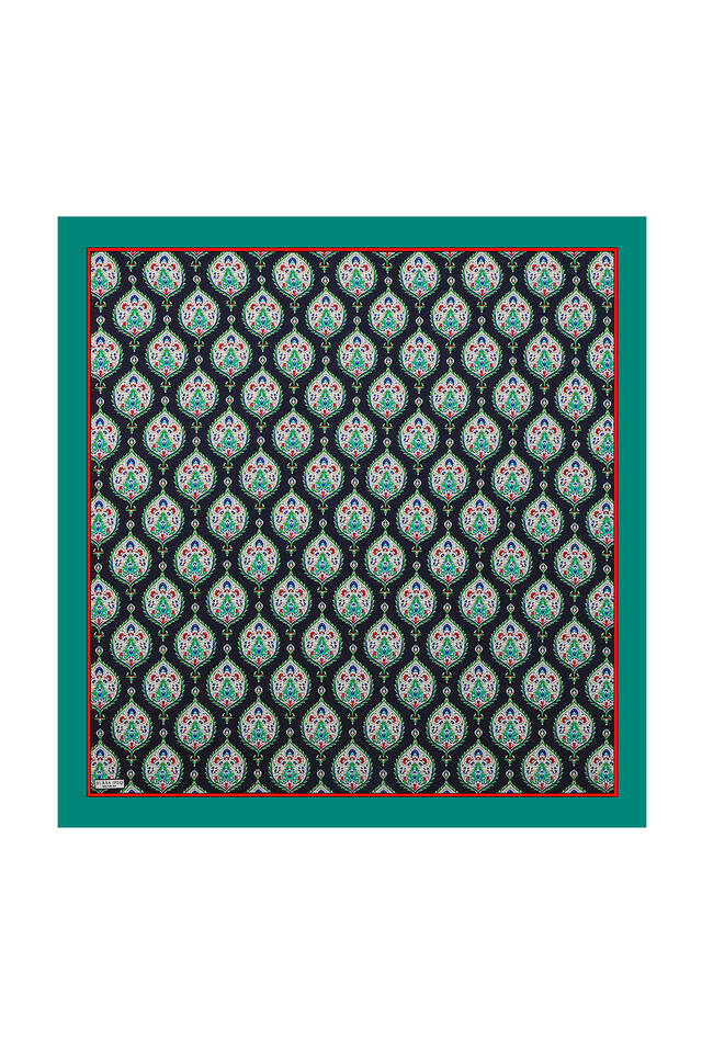 Oil Green Hatai Pattern Silk Square Scarf - 2