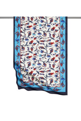 Oil Navy Blue Carnation Tulip Pattern Wide Silky Foulard 