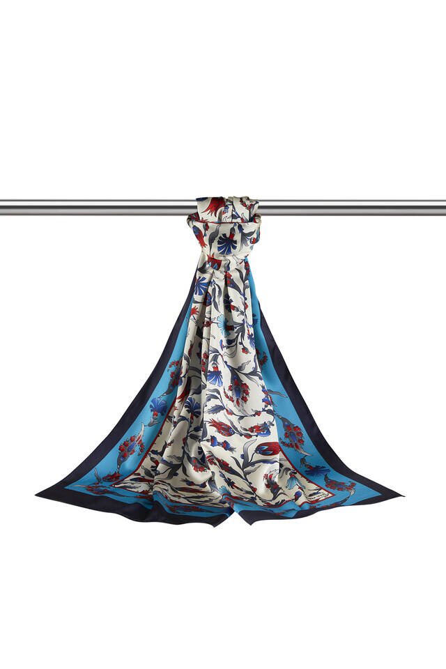 Oil Navy Blue Carnation Tulip Pattern Wide Silky Foulard - 3