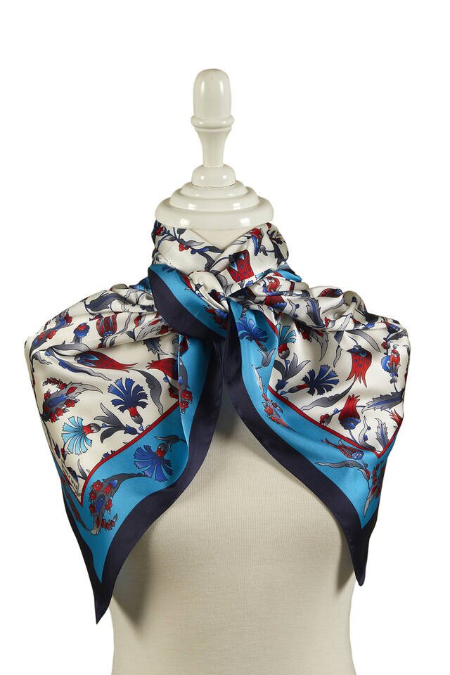 Oil Navy Blue Carnation Tulip Pattern Wide Silky Foulard - 2