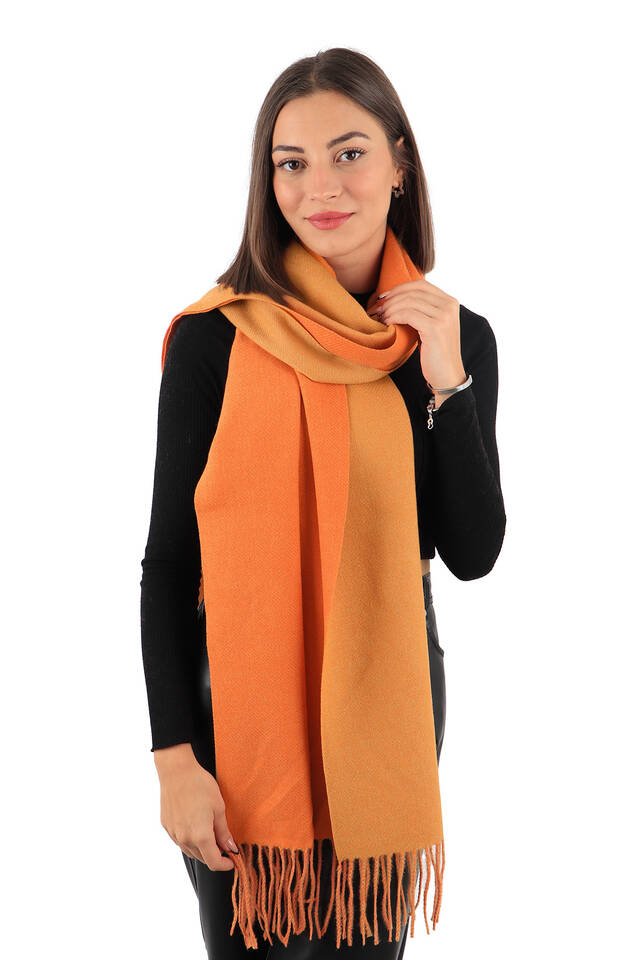 Orange Beige Double Sided Winter Shawl - Bursa İpek