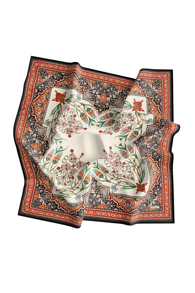 Orange Black Candlestick Tulip Pattern Silk Square Scarf - 3