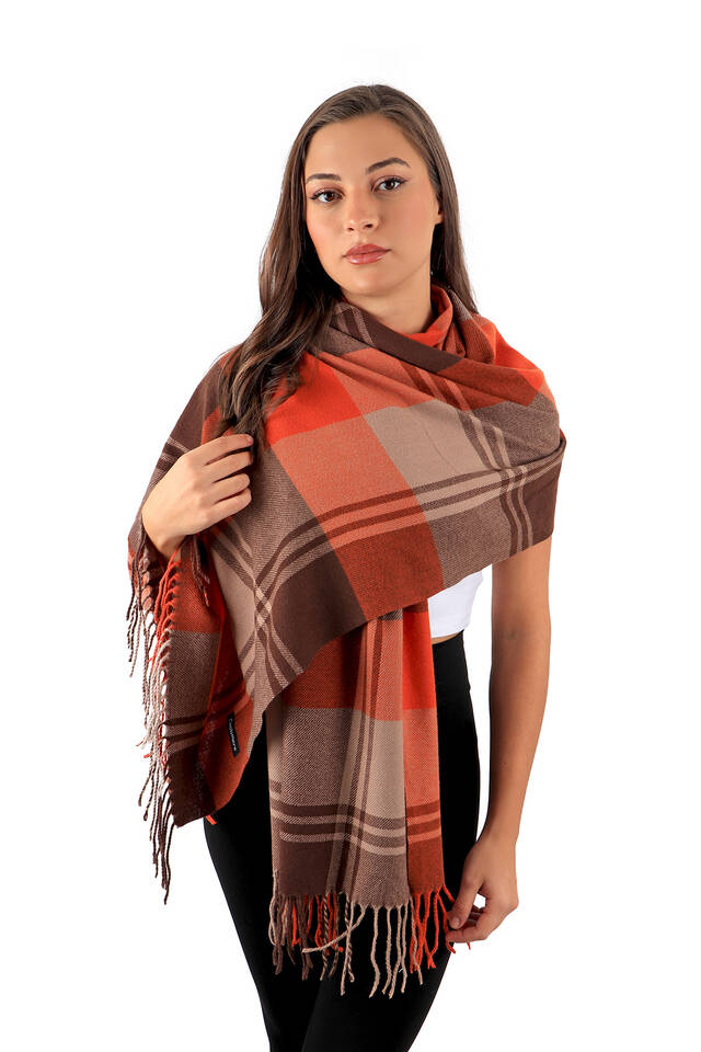 Orange Brown Patterned Winter Shawl - 2