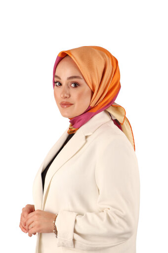 Orange Fuchsia Geometric Pattern Twill Silk Square Scarf 