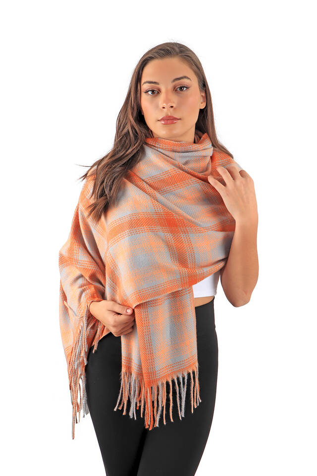 Orange Gray Patterned Winter Shawl - 2