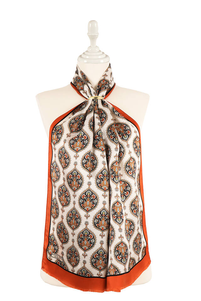 Orange Hatai Pattern Narrow Silk Foulard - 2